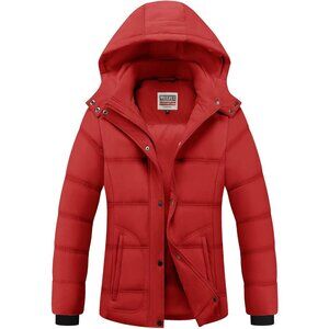 Women's Lightweight Removable Red Hood Puffer Quilted Jacket Coats Winter Warm